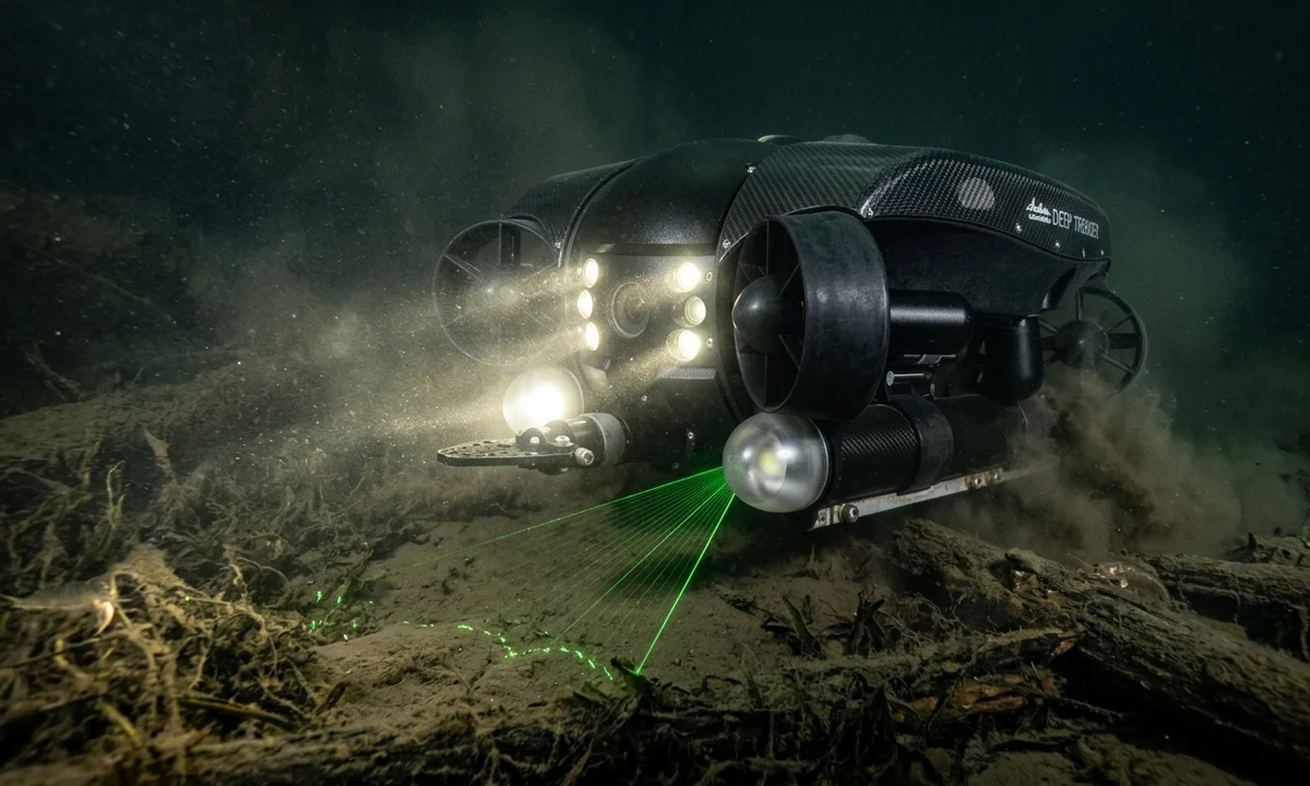 Deep Trekker Revolution ROV underwater showing thruster configuration and high-definition searchlight